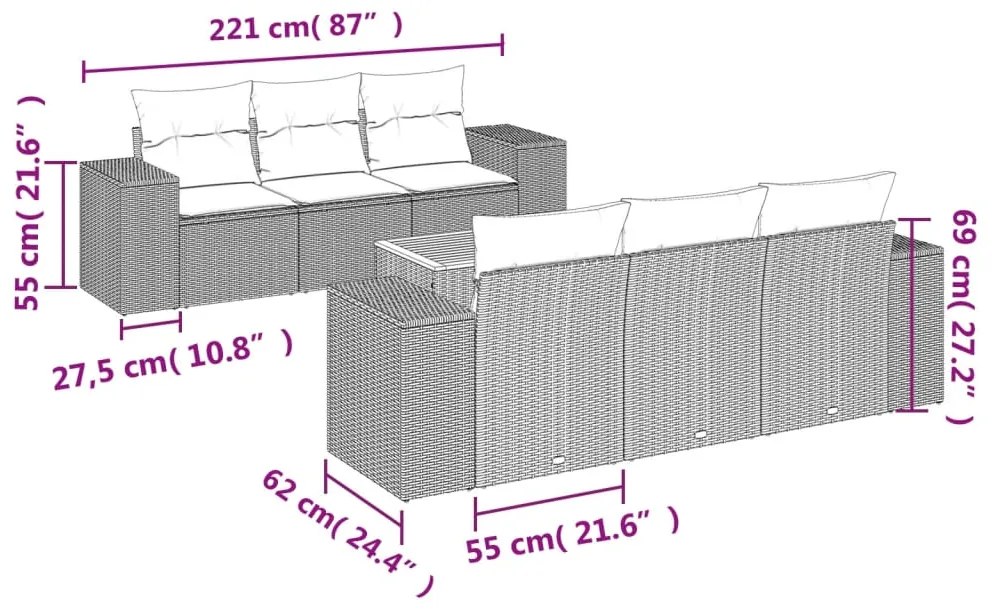 7 pcs conjunto sofás p/ jardim c/ almofadões vime PE cinzento