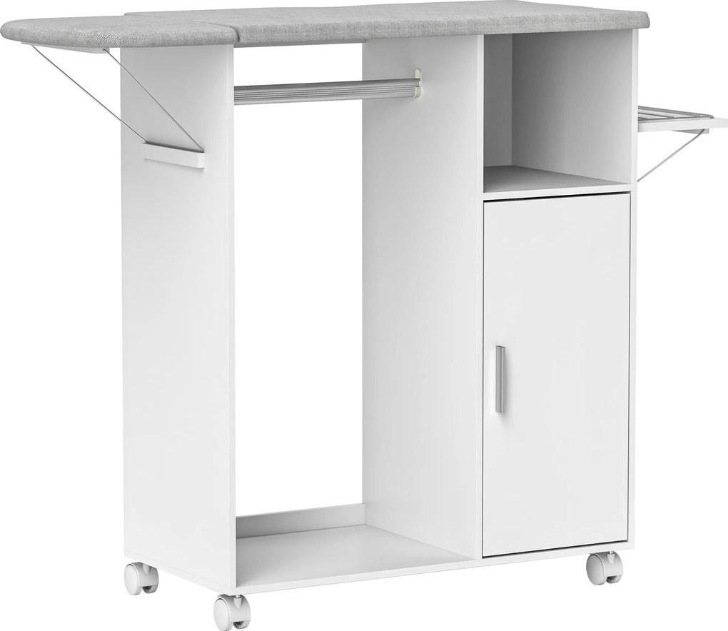 Móvel de Engomar de Madeira com Rodas Barra para Pendurar Roupa Prateleira Aberta e Tábua Dobrável 107x42,5x99 cm Branco