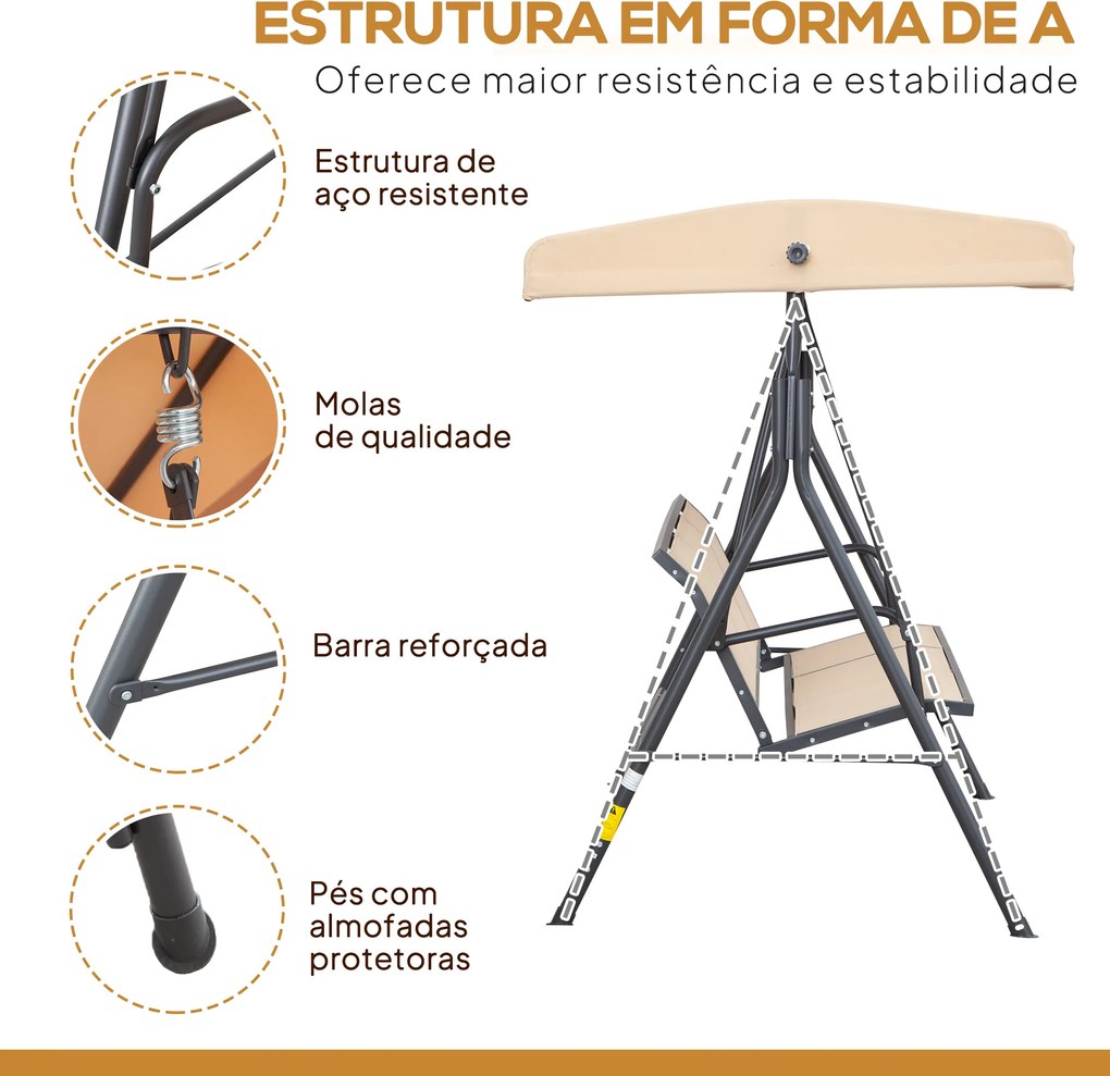 Baloiço de Jardim Exterior de 3 Lugares com Toldo Reclinável Assento Respirável e Estrutura de Aço 175x118x159 cm Bege