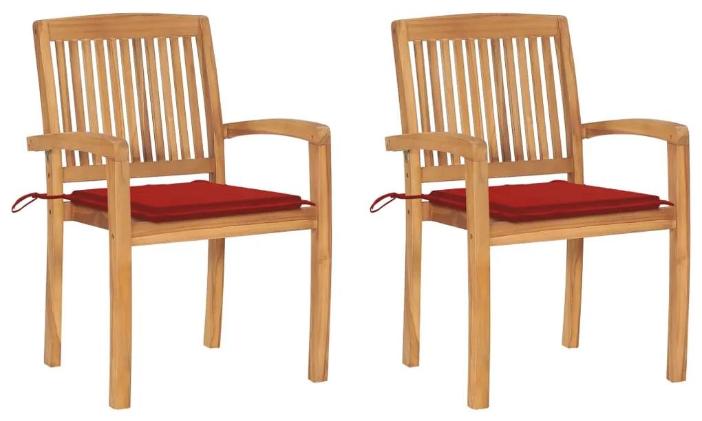 3063258 vidaXL Cadeiras de jardim c/ almofadões vermelhos 2 pcs teca maciça