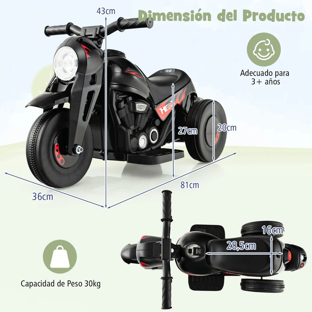 Mota eléctrica para crianças 6V com farol LED Com maquina Fazer bolhas, interrutor para a frente e para trás e carga 30 kg Preta