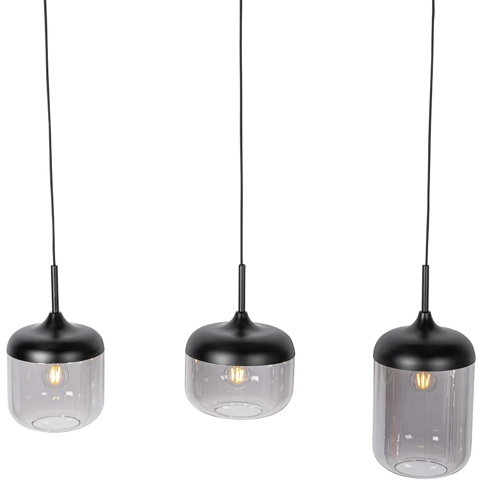Candeeiro de suspensão design preto com dourado e vidro fumê 3 luzes - Kyan Design