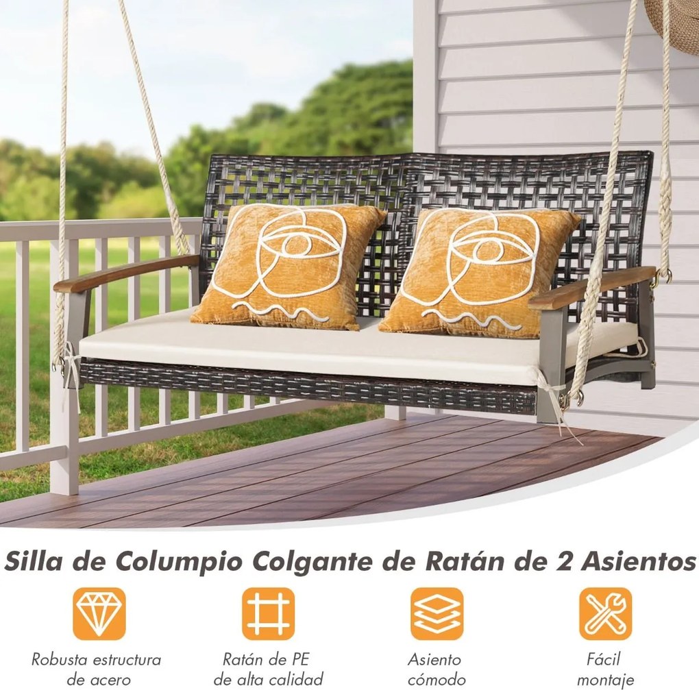 Baloiço de varanda em vime de 2 lugares com almofada de assento Apoio de braço em madeira de acácia 2 cordas 131 x 68 x 54 cm Castanho + Branco