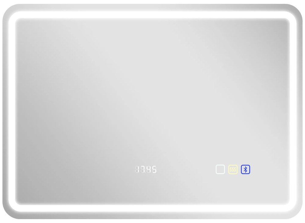 HOMCOM Espelho de Casa de Banho com Luz LED 70x50 cm Bluetooth 3 Cores de Luz Relógio Digital Função Antiembaciamento Memória Prata | Aosom Portugal