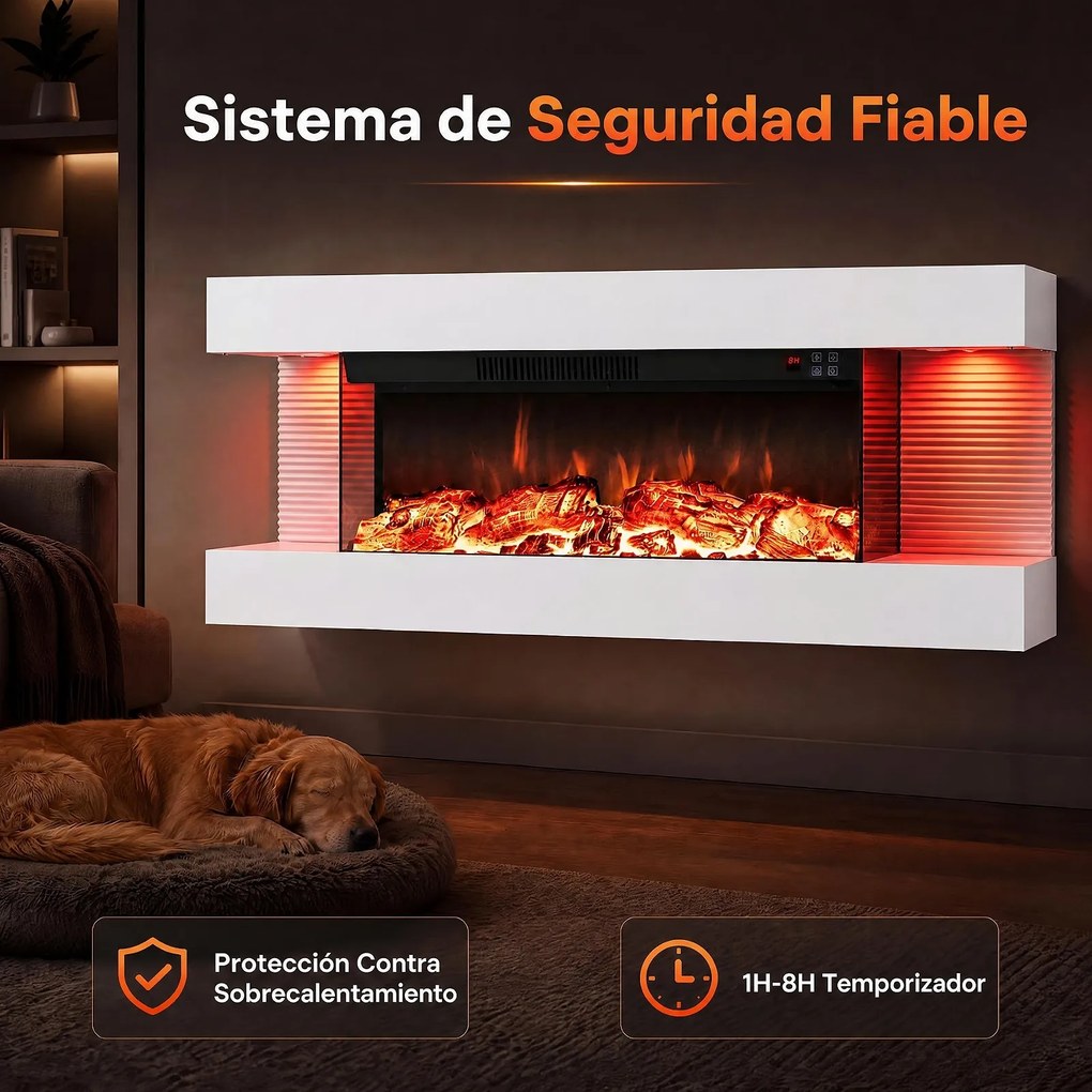 Lareira Elétrica de Parede com Vista Tripla, 101,6 x 20,6 x 41,8 cm, Controlo por Wi-Fi, Branco