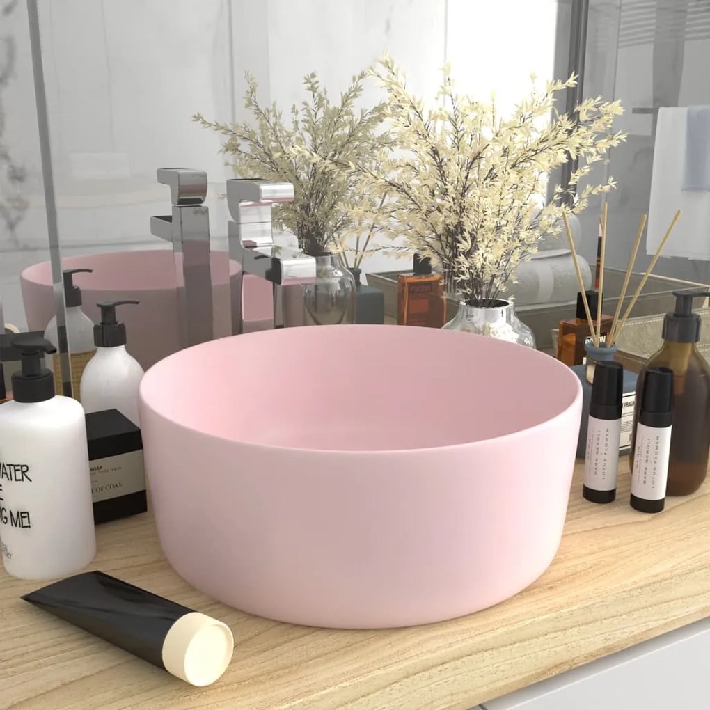 147010 vidaXL Lavatório luxuoso redondo 40x15 cm cerâmica rosa mate