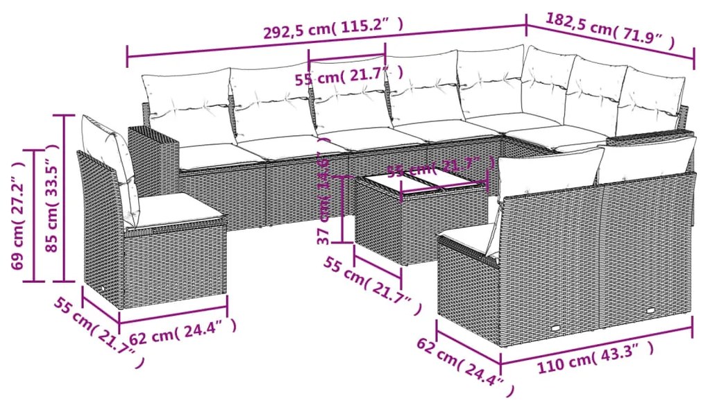 11 pcs conjunto sofás de jardim c/ almofadões vime PE castanho