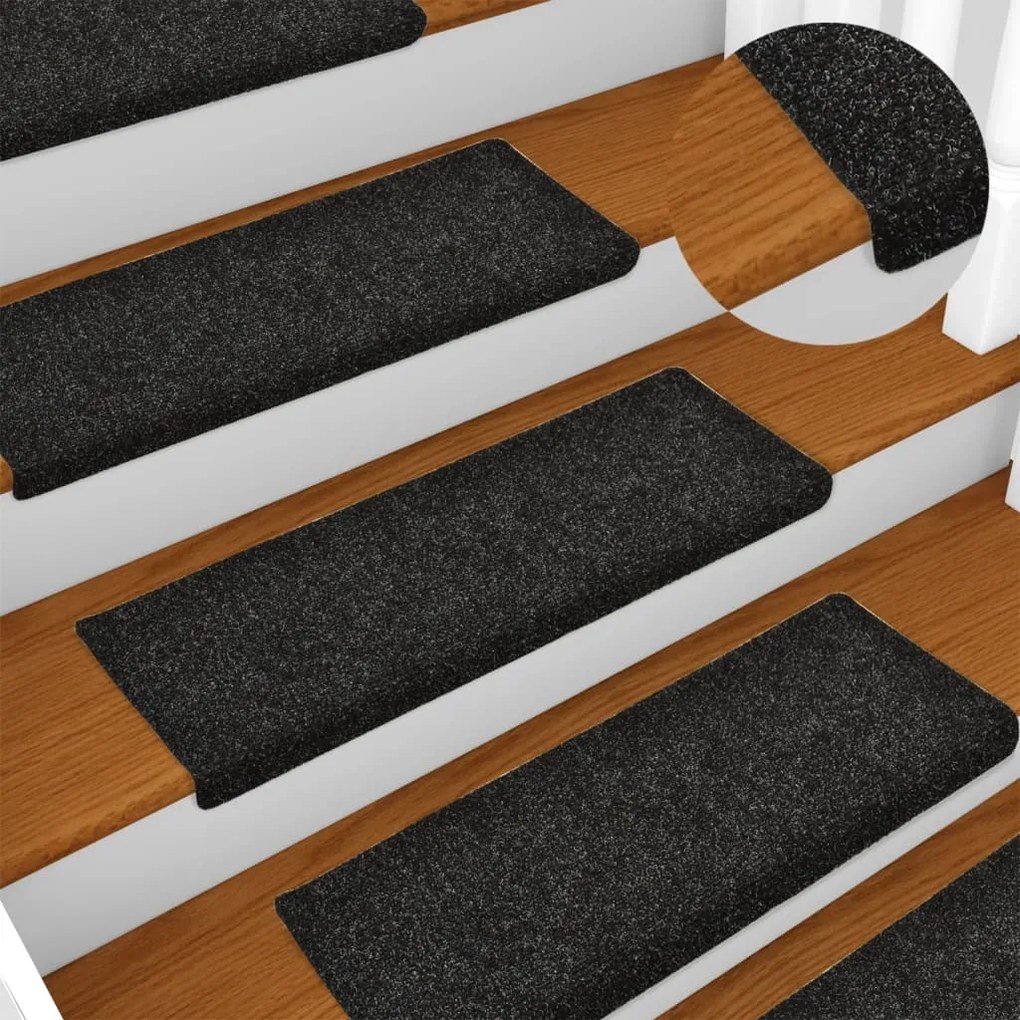 vidaXL Tapetes de escada 15 pcs 65x21x4 cm tecido agulhado preto