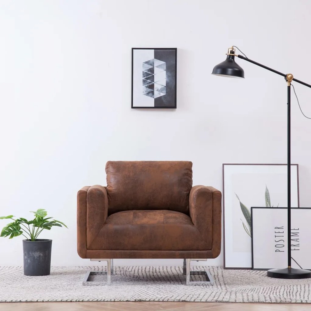 vidaXL Poltrona em forma de cubo camurça artificial castanho