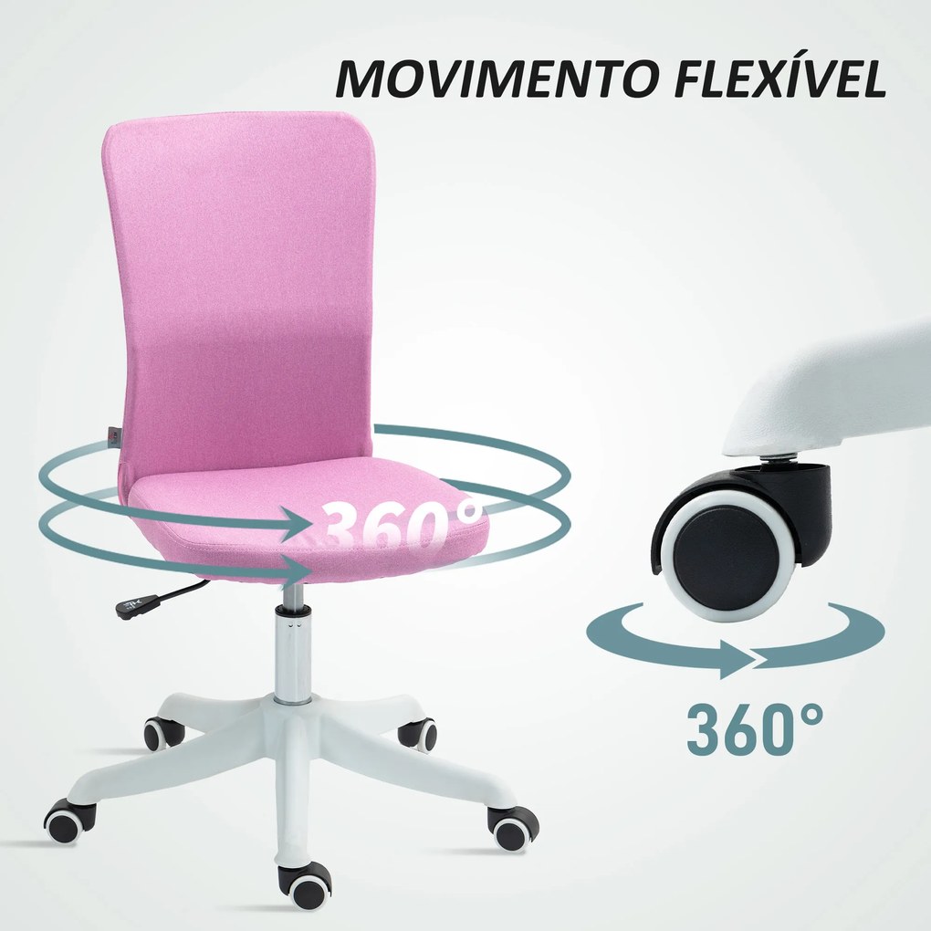 Cadeira de Escritório sem Apoio para os Braços Estofada em Linho Sintético com Altura Ajustável 53x43x85-93 cm Rosa