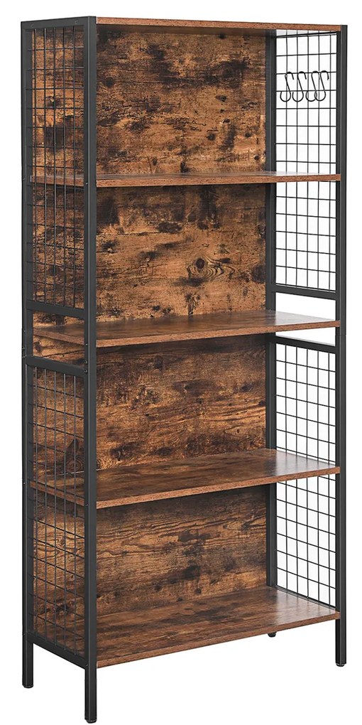 Estante VASAGLE, prateleira para escritório, 4 prateleiras para livros, decorações, estrutura de aço estável, ganchos em forma de S para pendurar, sala de estar, estúdio, quarto, marrom rústico e preto LBC023B01