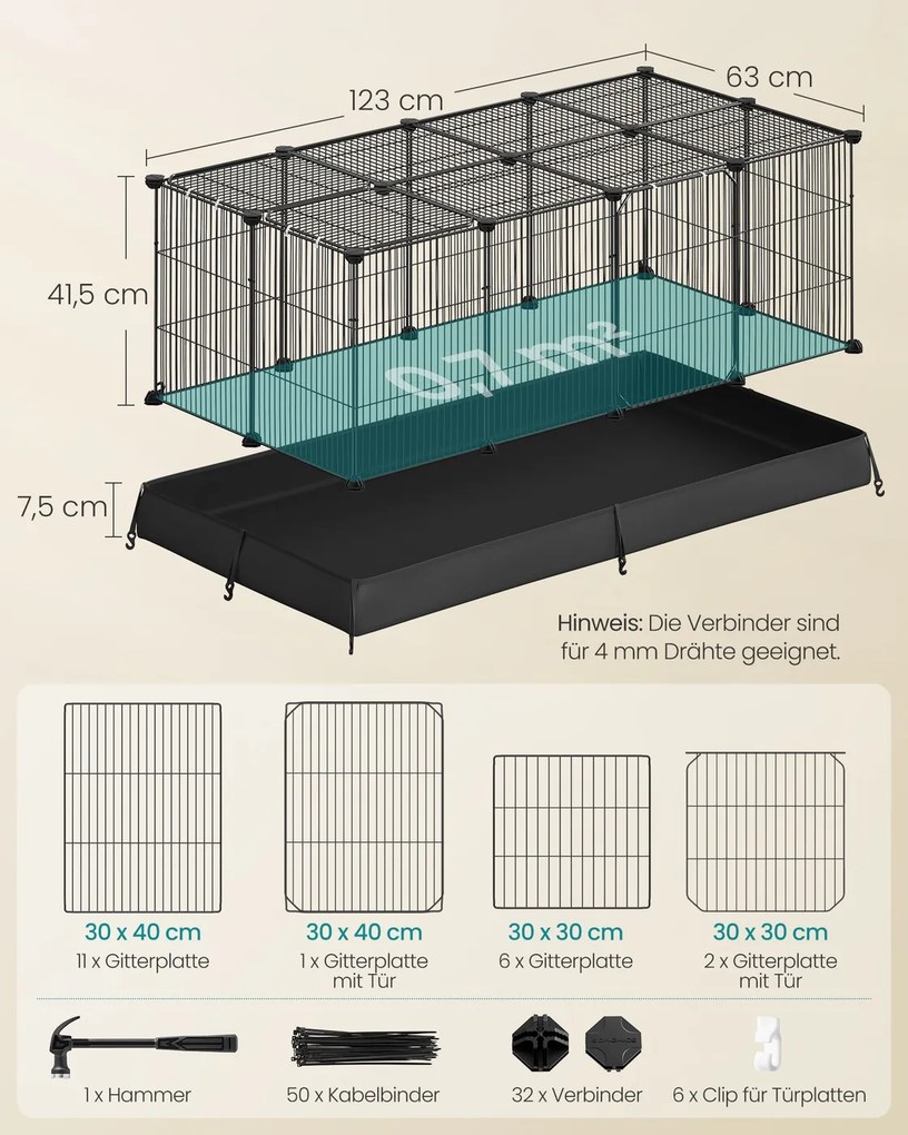 Gaoila para pequenos animais com base e porta dupla 123 x 63 x 41,5 cm (RELVA E ACESSORIOS NÃO INCLUIDOS) para roedores Preto