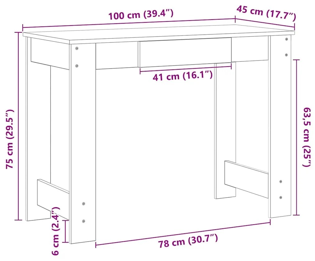 Secretária 100x45x75cm derivados de madeira cor cinzento sonoma