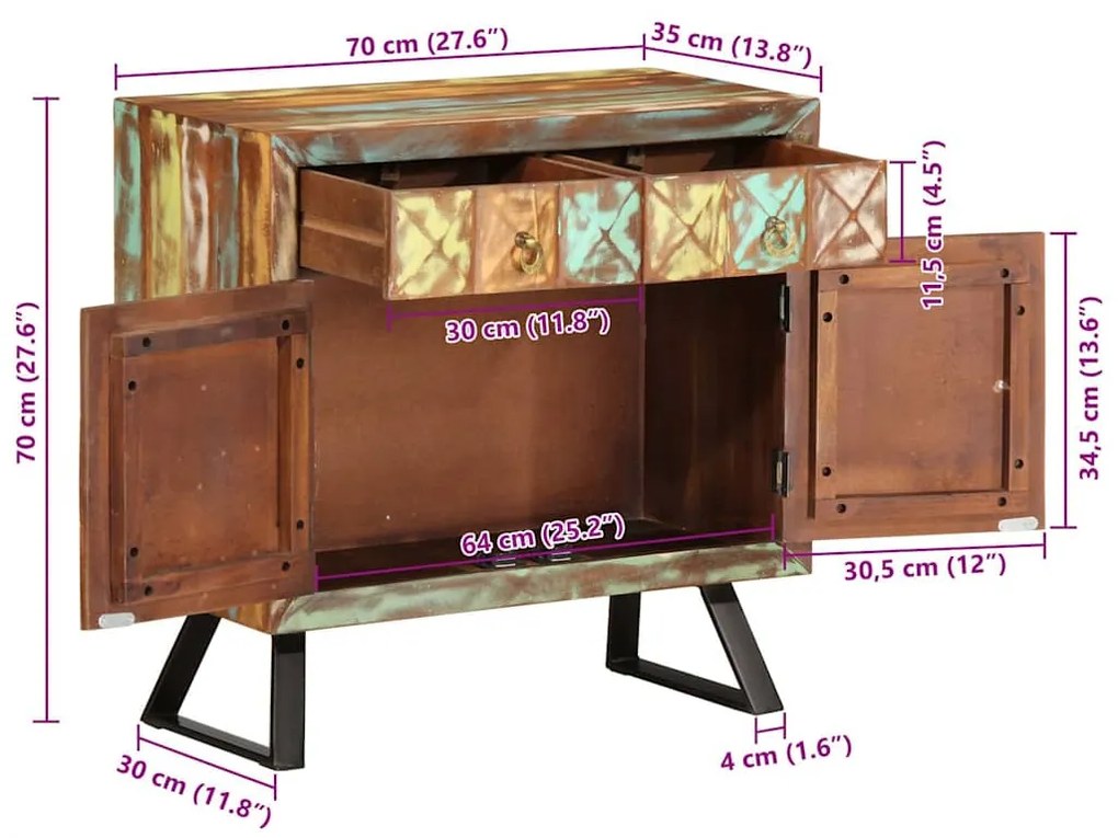 Armário gavetas 70x35x70 cm madeira recuperada maciça multicor