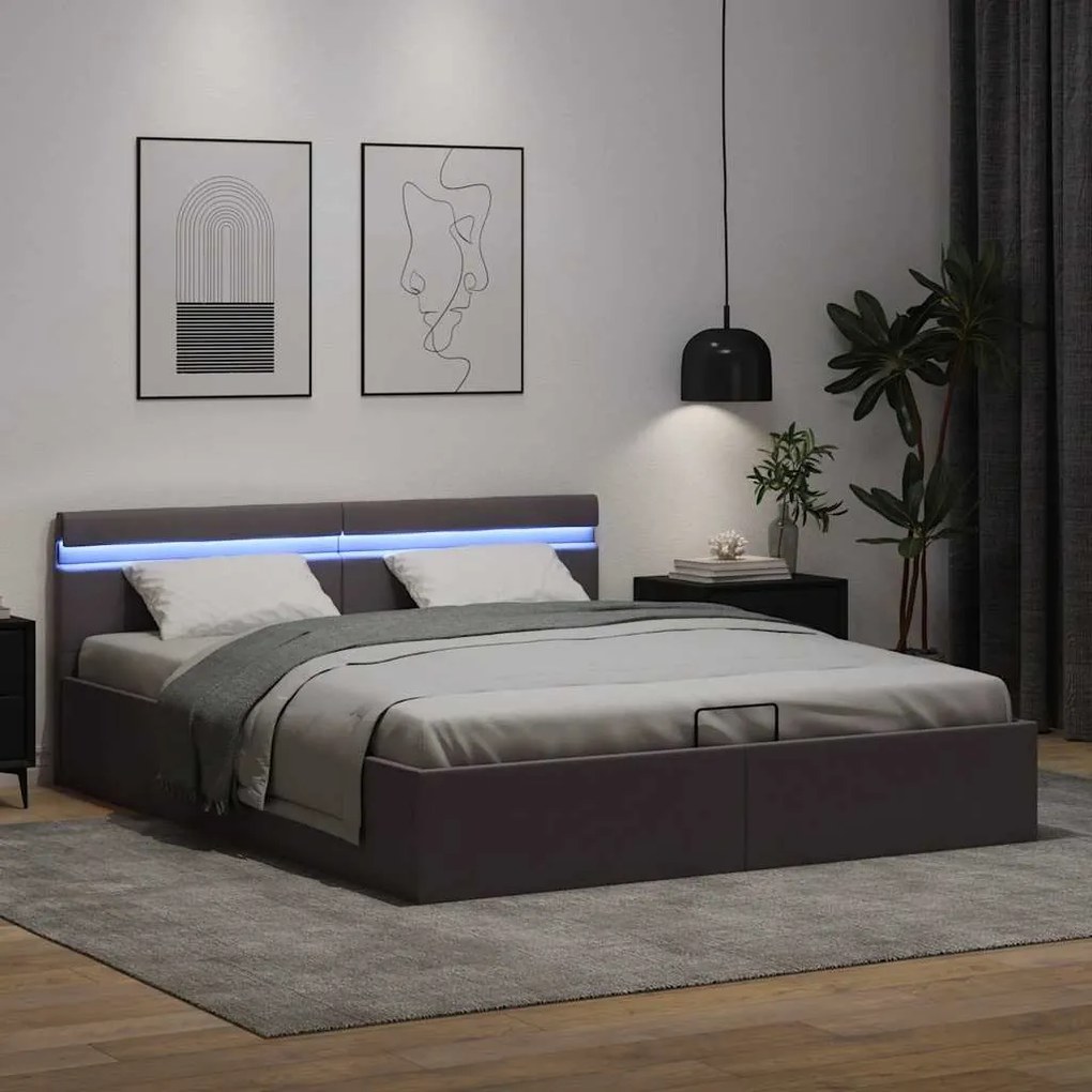 Cama hidráulica c/ arrumação LED 180x200cm couro art. cinzento