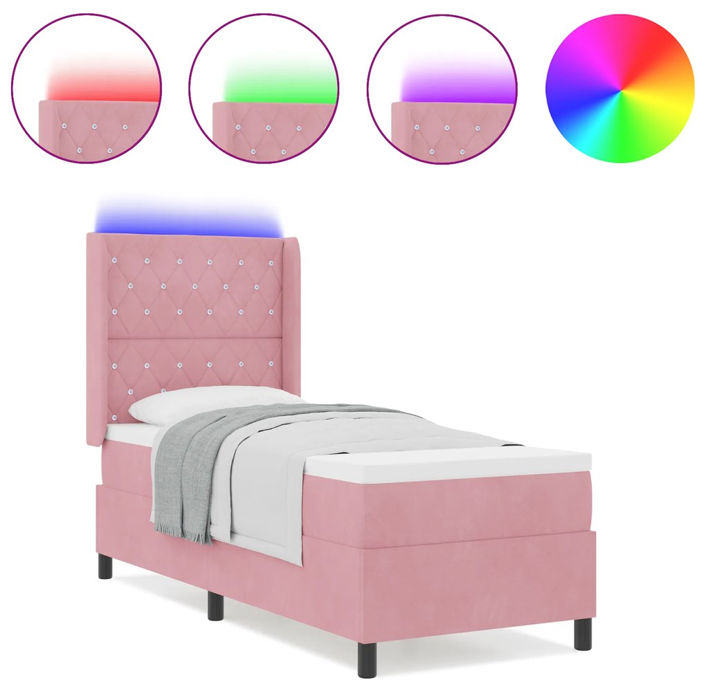 Cama Box Spring vidaXL com Colchão e LED Rosa 80x200 cm Veludo
