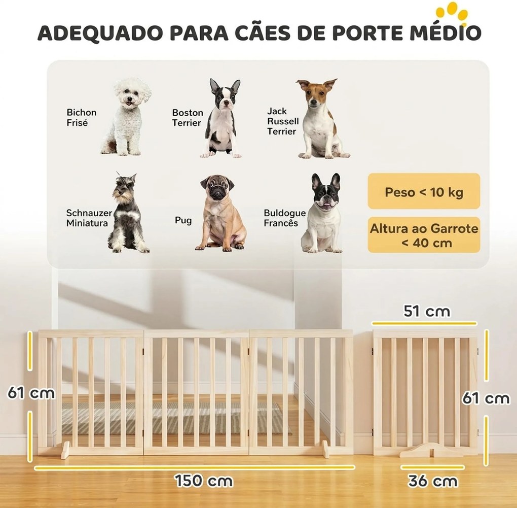 Barreira de Segurança Dobrável para Cães em Madeira, 3 Painéis, para Escadas e Portas, com 2 Pés de Apoio, 150x61 cm, Natural