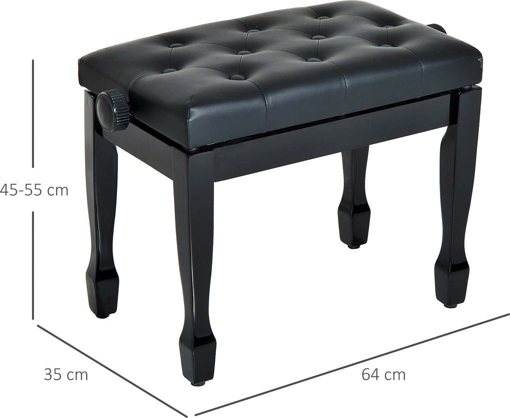 Banco de Piano Altura Ajustável Assento de Couro Sintético Pernas em Madeira 64x35x55 cm Preto