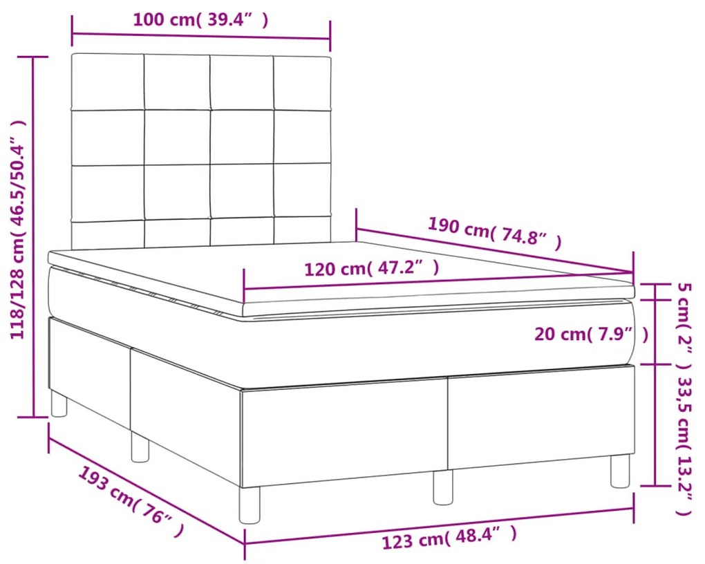 Cama box spring colchão LED 120x190cm couro artif. azul-escuro