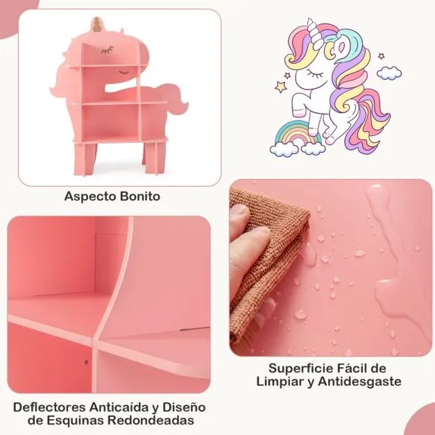 Estante de Unicórnio de Madeira de 3 Níveis para Crianças Organizador de Brinquedos com Estantes de Armazenamento Abertas Rosa