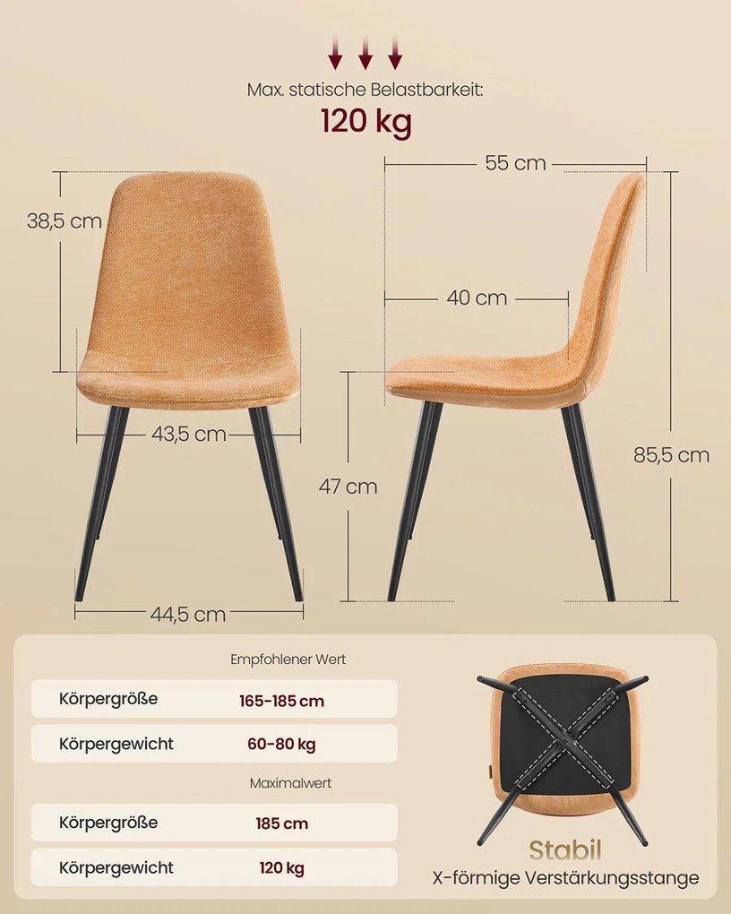 Conjunto de 4 cadeiras de sala de jantar (MESA NÃO INCLUIDA) em tecido chenille 55 x 43,5 x 85,5 cm Castanho caramelo