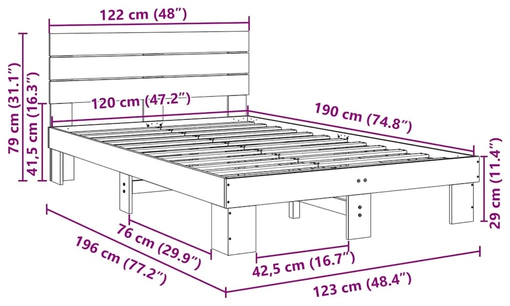 Estrutura cama cabeceira sem colchão 120x190 cm maciça carvalho