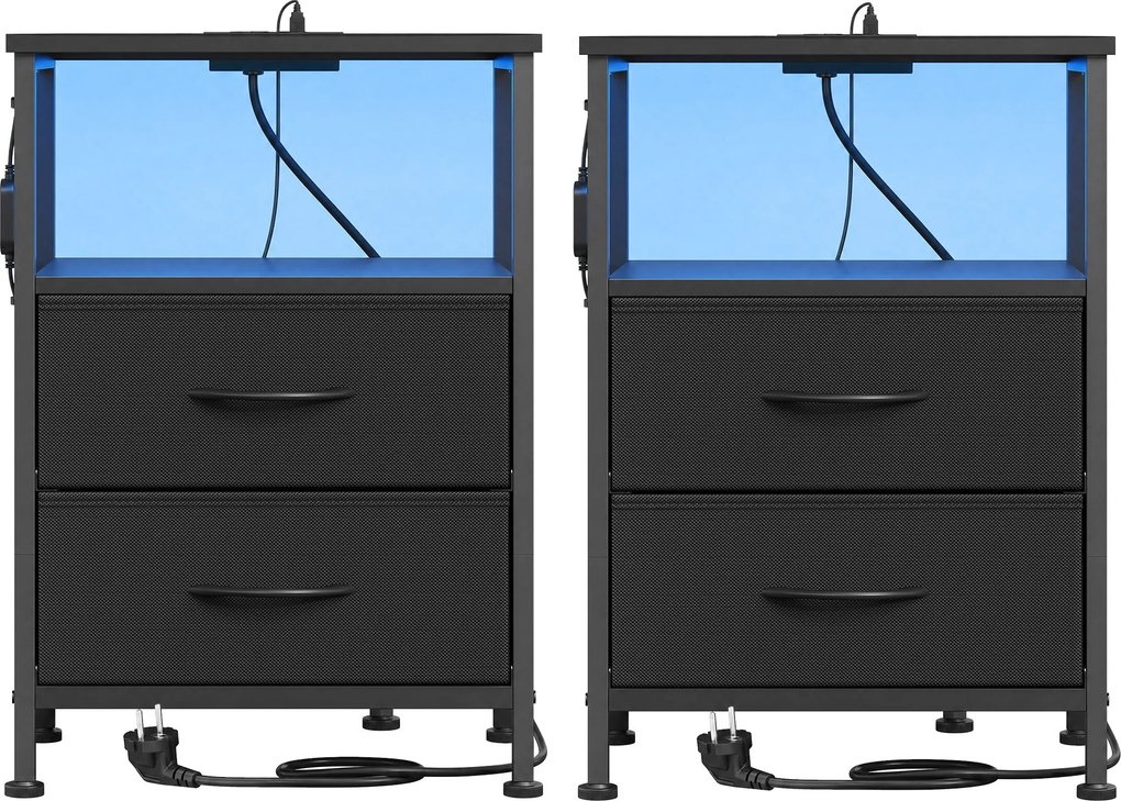 Conjunto 2 Mesas de cabeçeira com iluminação LED e base de carregamento 30 x 39,6 x 60,4 cm Pretas