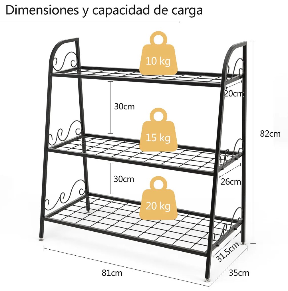 Estante metálica para plantas com 3 níveis Suporte para flores para jardim, varanda  81 x 35 x 82 cm Preto