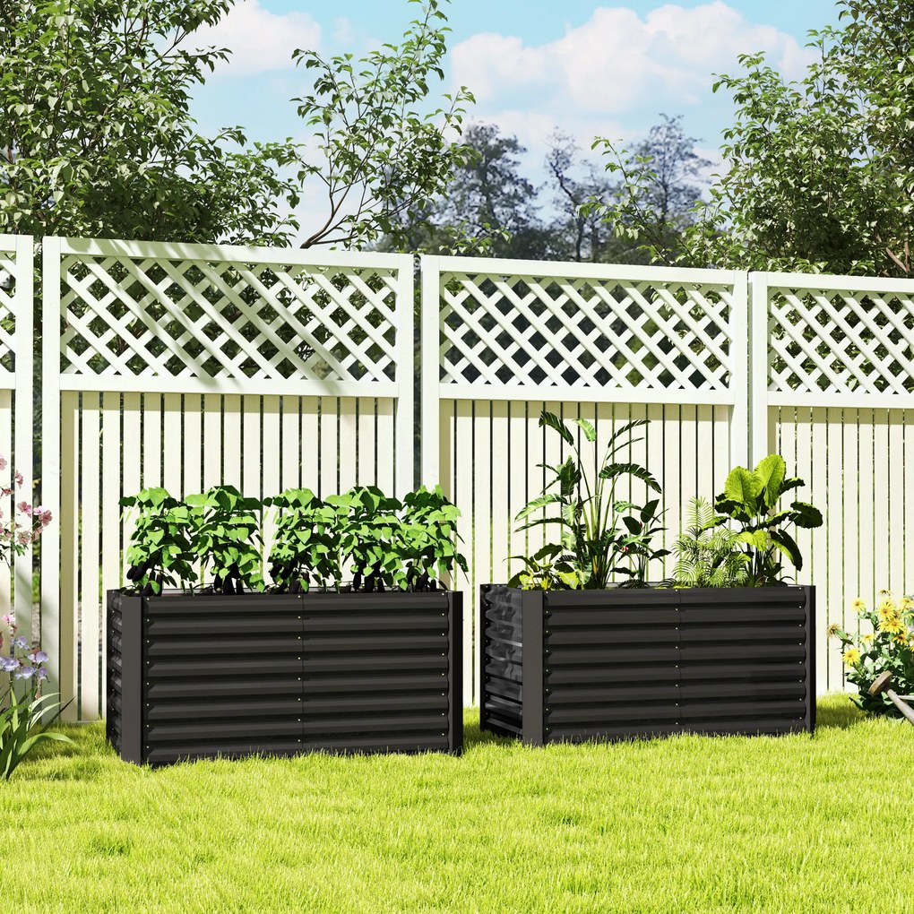 Conjunto de 2 floreiras 120 x 60 x 60 cm elevadas para hortas, com estrutura em aço galvanizado e fundo aberto, cinzento escuro