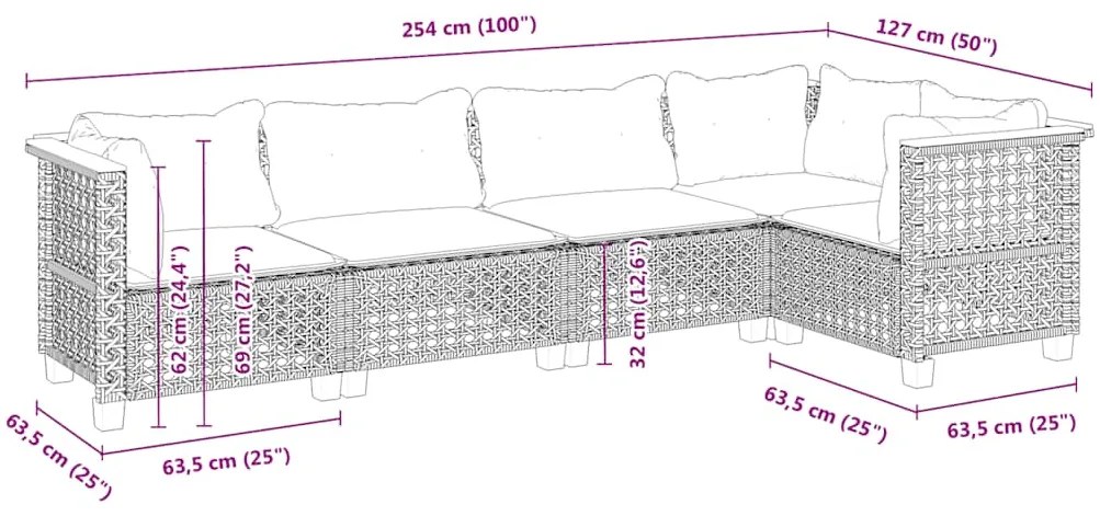 5 pcs conjunto de sofás p/ jardim com almofadões vime PE bege