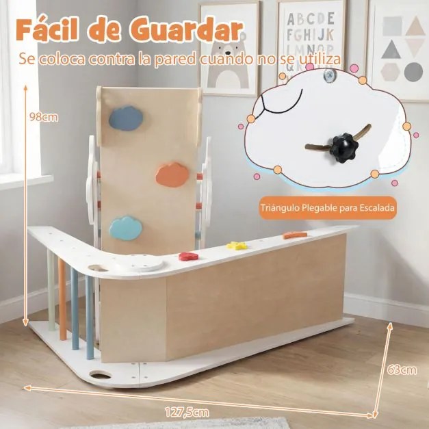 Parque dobrável para escalada para crianças Montessori de escalada em madeira com tema de panda Ginásio interior com escorrega Branco