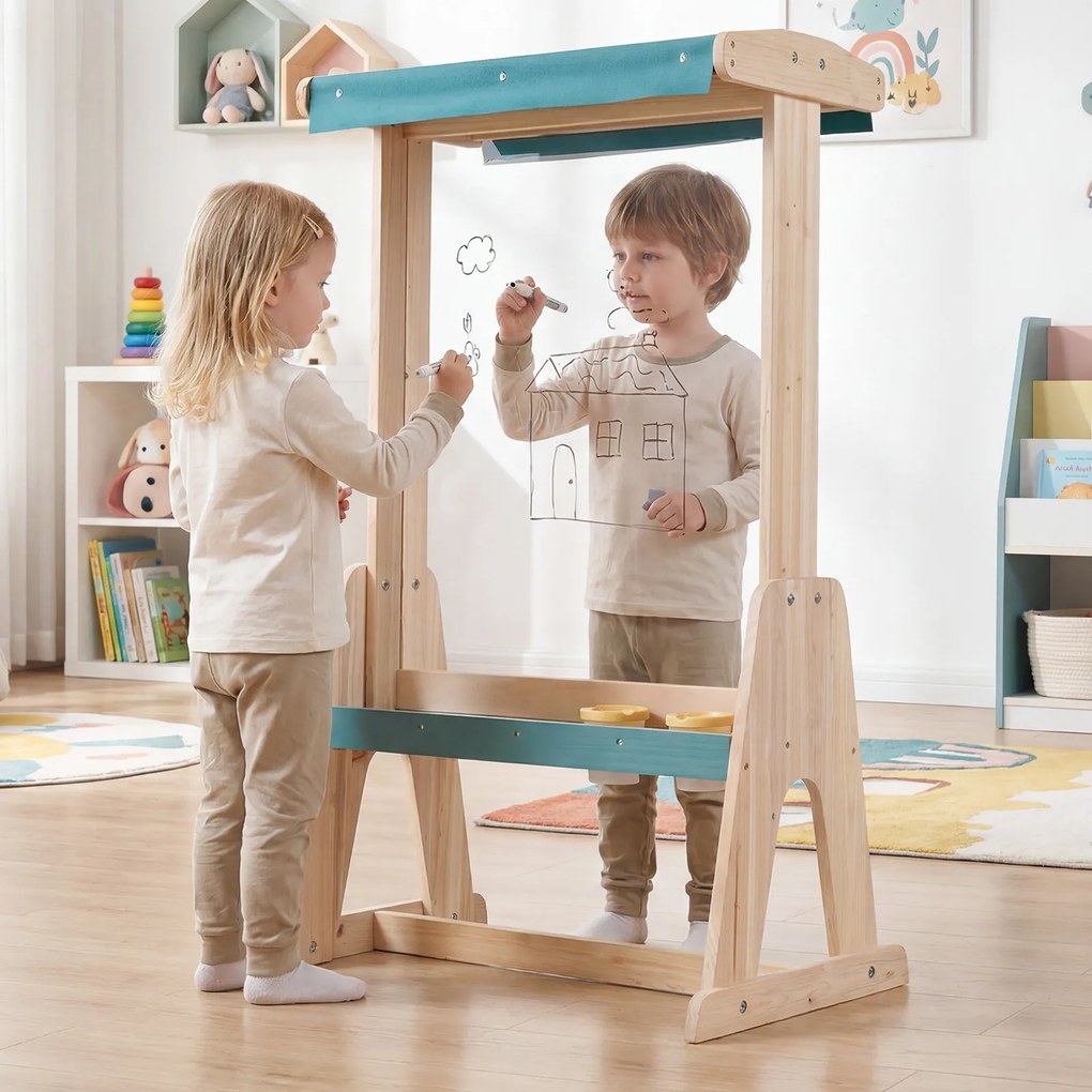 Cavalete Infantil para Desenho, 65 x 44,5 x 110 cm, Tabuleiro Transparente Dupla Face, Natural