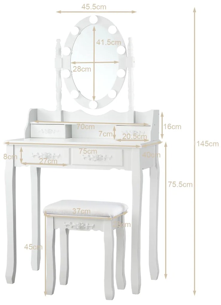 Mesa Toucador e banco de maquilhagem acolchoado com espelho oval iluminado 10 luzes de LED e interruptor de toque Branco