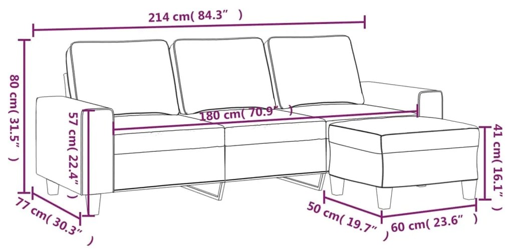 Sofá de 3 lugares com apoio de pés 180 cm tecido cor creme