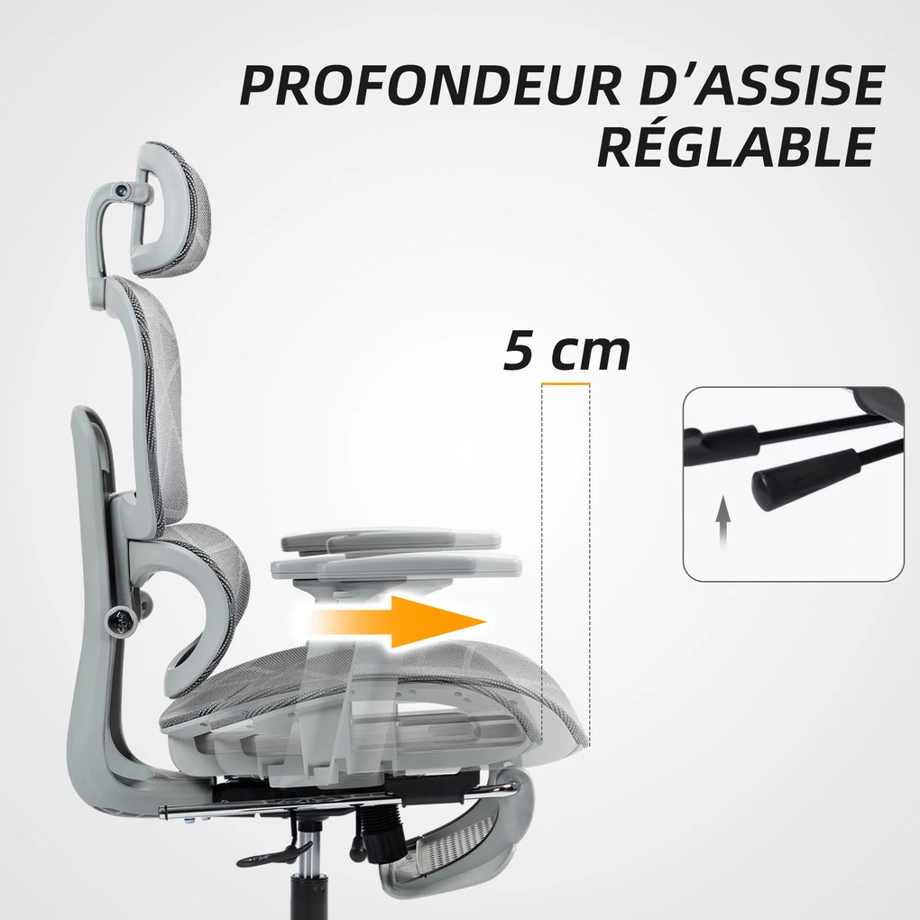 Cadeira de escritório, 66x64x122 cm ergonómica em malha com braços 3D, encosto reclinável, cinzenta