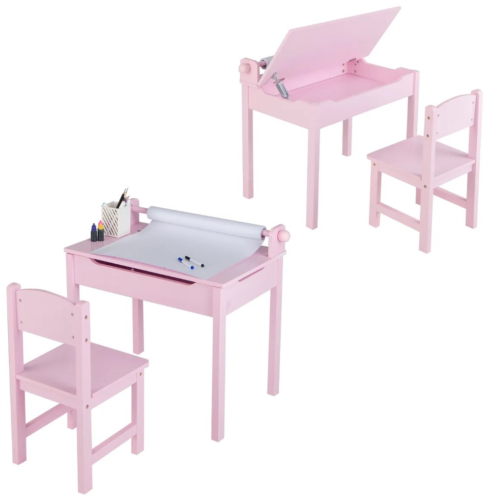 Conjunto de mesa e cadeira para crianças Mesa de actividades para crianças com arrumação e suporte para rolos de papel para desenhar, estudar e brinca