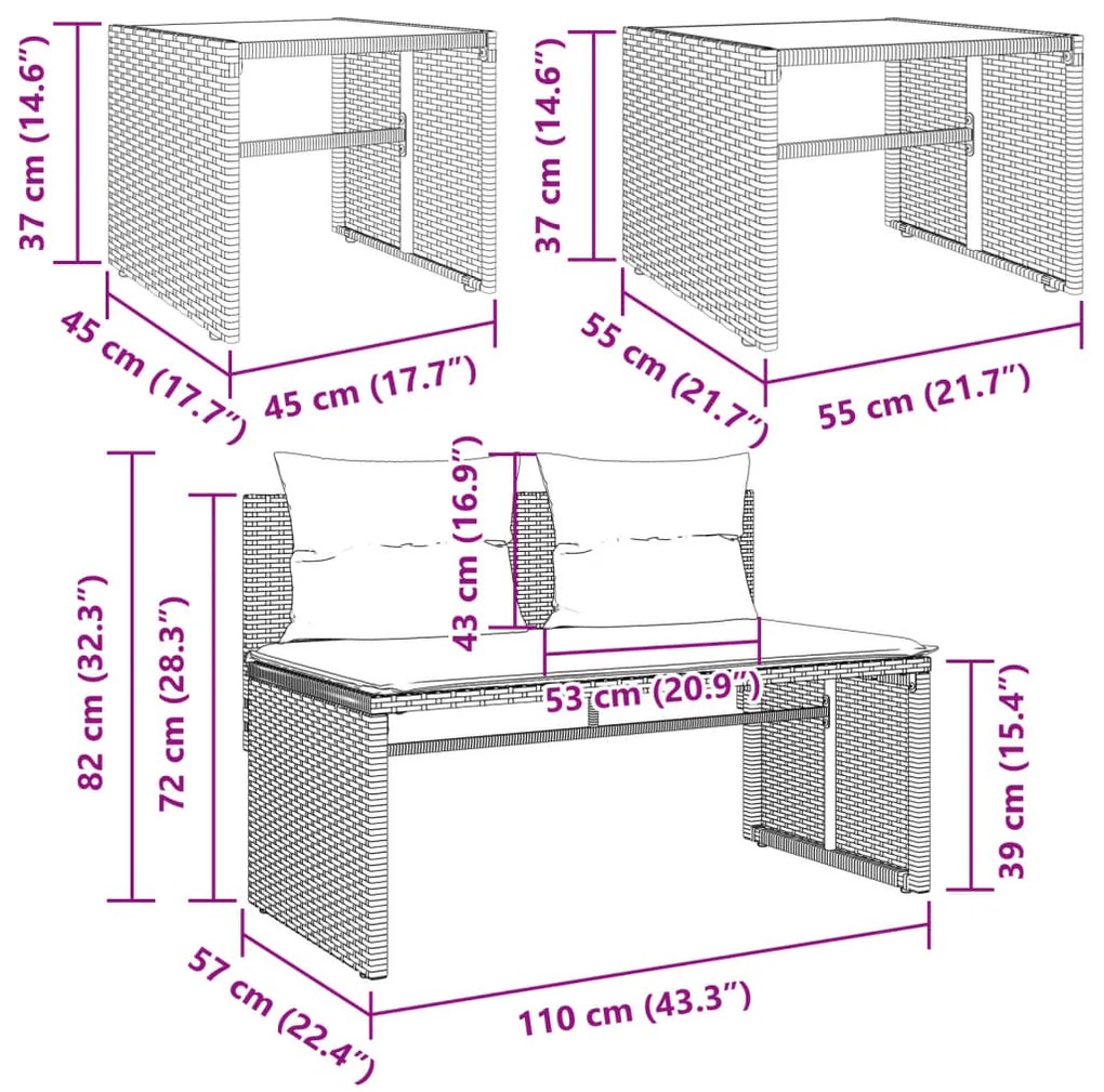 4 pcs conj. sofás jardim c/ almofadões vime PE cinzento-claro