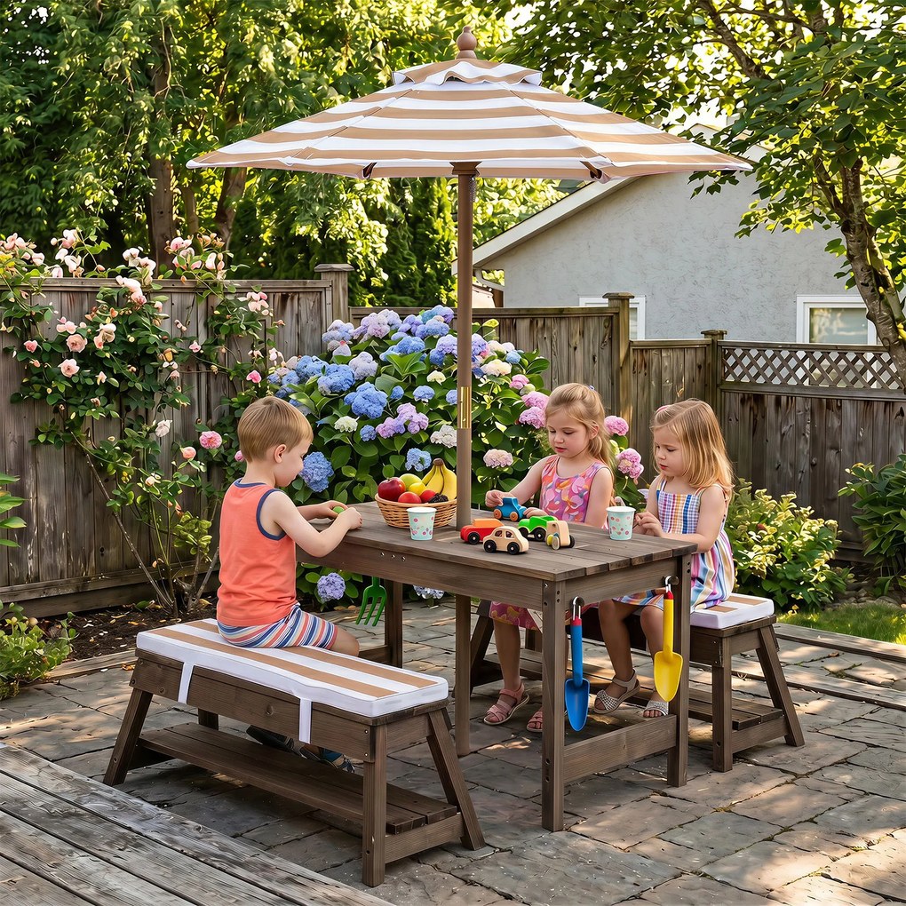 Conjunto de Mesa Infantil com 2 Bancos e Sombrilha, 89 x 44 x 50 cm, Sombrilha Ajustável em 3 Posições, Castanho