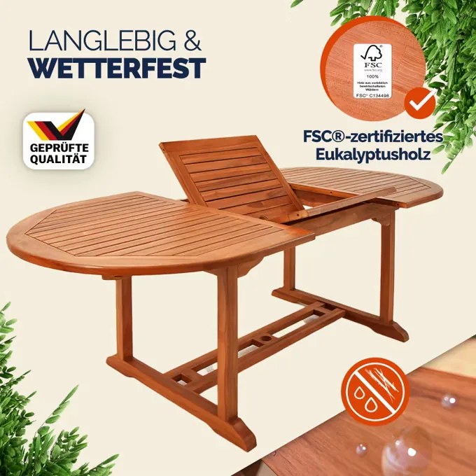 Mesa de jardim em madeira de eucalipto Vanamo 150-200x100x74cm com certificação FSC