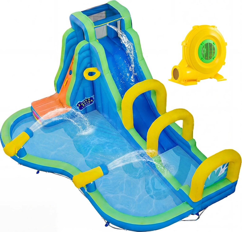 Parque Aquático Castelo Insuflável com Escorrega 465 x 345 x 242 cm, Parede de Escalada, Aro de Basquetebol, Piscina, Salpicos, Ventilador de 850 W –