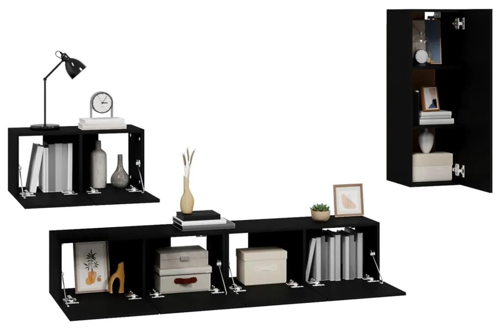 Conjunto móveis de TV 4 pcs madeira processada preto