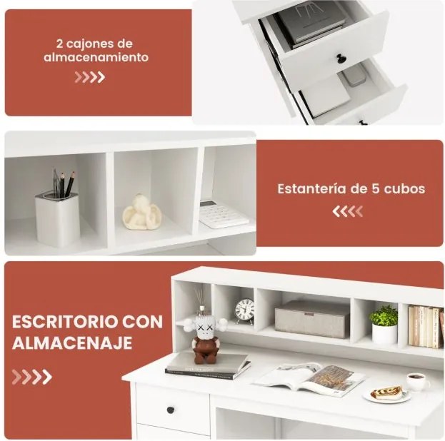 Secretária com 2 gavetas e estante com 5 cubículos 120 x 60 x 110 cm Branca