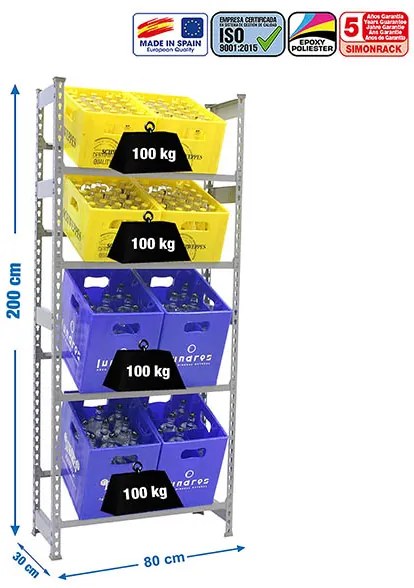 Estante Bedidas 4 Prateleiras SIMONBOTTLE 4-2000X800X300 CINZENTA Jardim, Casa, Escritório, Garagem, Oficina Capacidade 100 Kg Dimensões 2000x800x300