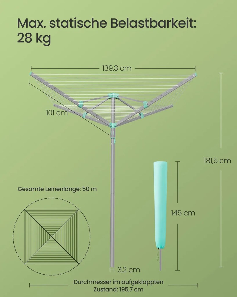 Estendal de roupa giratório 139,3 x 139,3 x 181,5 cm com capa protetora e 50 m de corda para 5 cargas de roupa Prateado