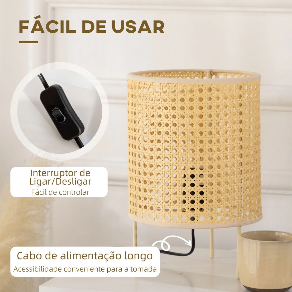 Candeeiro de Mesa Candeeiro de Mesa de Cabeceira Lâmpada E27 Máx. 40W com Ecrã de Vime Sintético Tecido a Mão para Dormitório Escritório Ø20x30,5cm Na