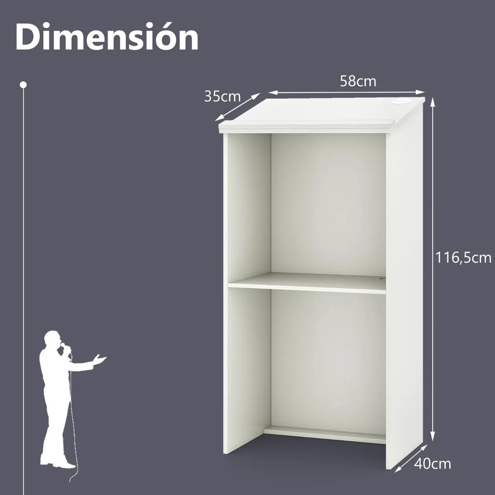Suporte para pódio 58 x 40 x 116,5 cm com prateleira e orifícios para cabos Branco