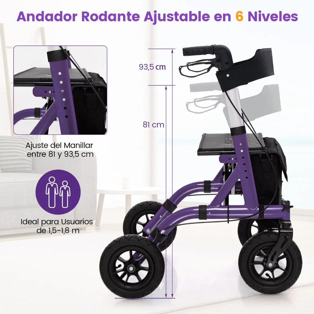 Andarilho dobrável para adultos idosos com assento 24 cm Rodas pneumáticas todo-o-terreno Saco de arrumação Carga 160 kg Púrpura