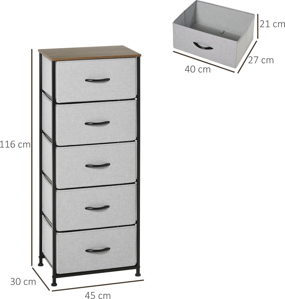 Cómoda com 5 gavetas 45 x 30 x 116 cm, móvel de arrumação com gavetas em tecido dobrável - estrutura em aço preto - cinzento