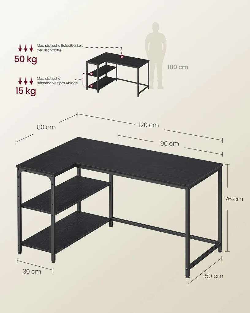 Secretária de canto 120 x 80 cm em forma de L com prateleira ajustável em altura, preto