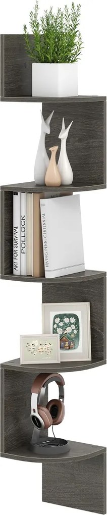 Estante de canto 20 x 20 x 126 cm  de 5 níveis Organizador de armazenamento montado na parede para sala, quarto e cozinha Cinza